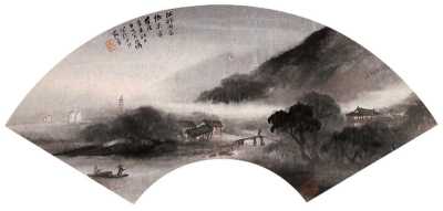 吴石僊 1901年作 江村雨意 扇面